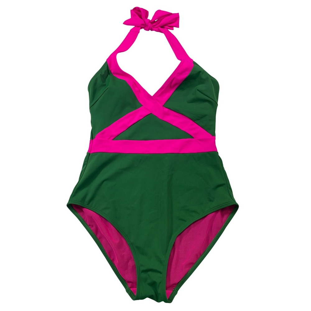 Boden Green Pink Kefalonia Colorblock Halter One Piece Swimsuit S0149 US 10R - Picture 2 of 9